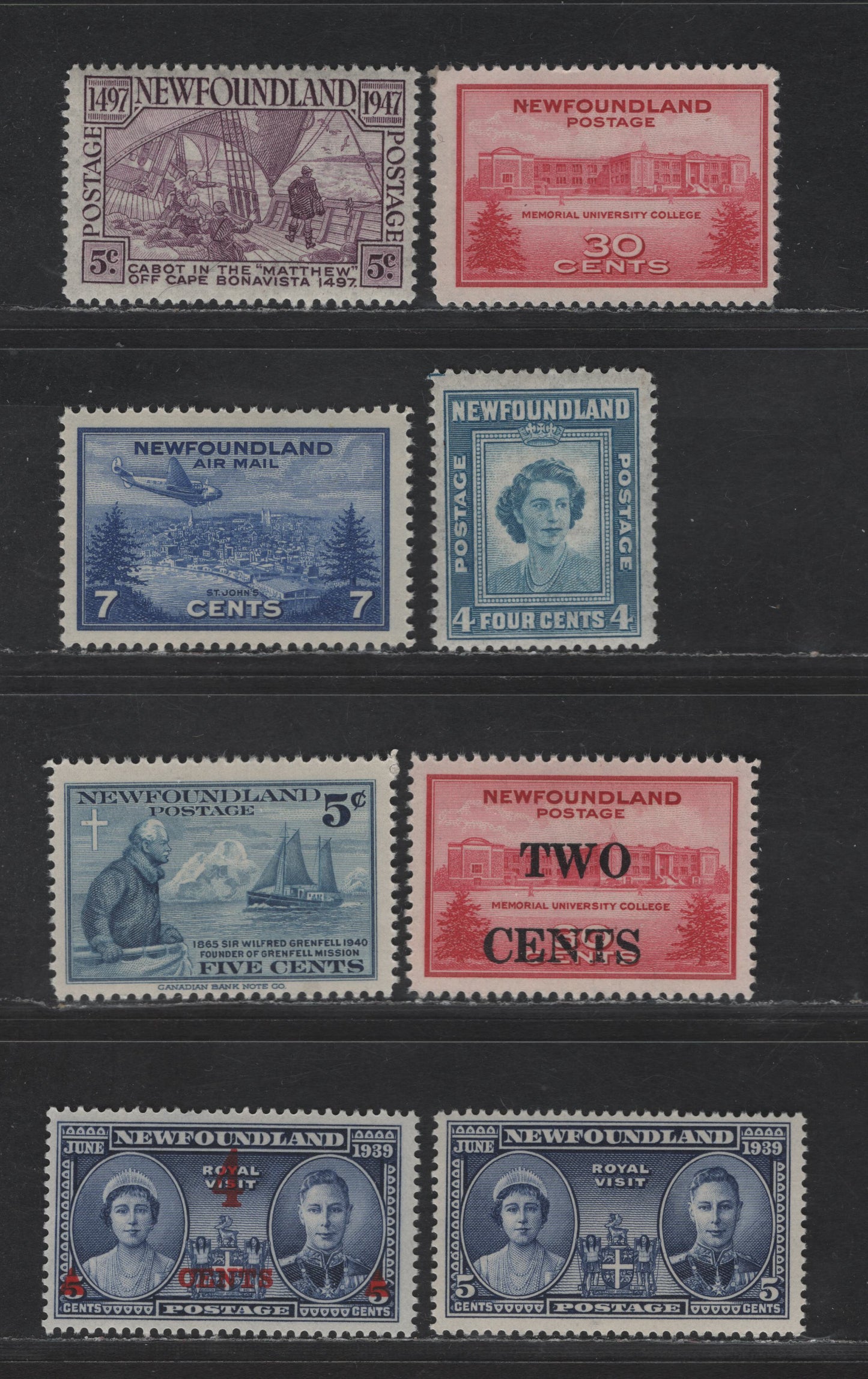 Lot 182 Newfoundland #249, 251-252, 267-270, C19 5c - 7c Violet Blue - Bright Ultramarine Queen Elizabeth & King George VI - View of St. Johns, 1939-1943 Pictorial & Airmail Issues, 8 FNH SinglesMissing #250