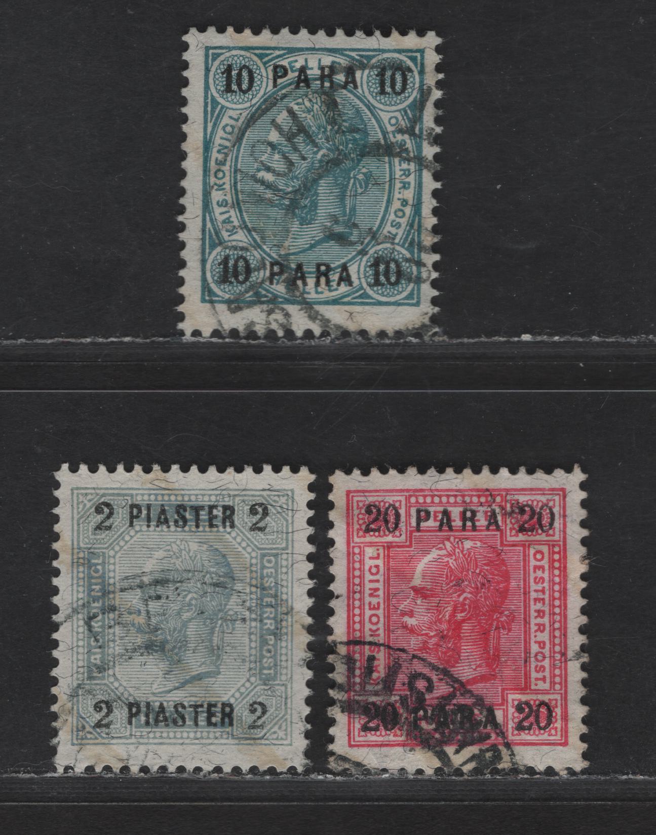 Austria SC#39a, 40a, 42a 10pa - 2pi Dark Green - Gray Blue Franz Joseph II, 1903 Franz Joseph II Issue, 3 Very Fine Used Singles, With Varnish Bars