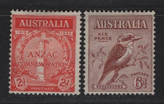 Lot 181 Australia SG#146, 154 6d - 2d Red Brown - Scarlet Kookaburra - Monument, 1932 Kookaburra - Anzac Issues, 2 FOG Singles
