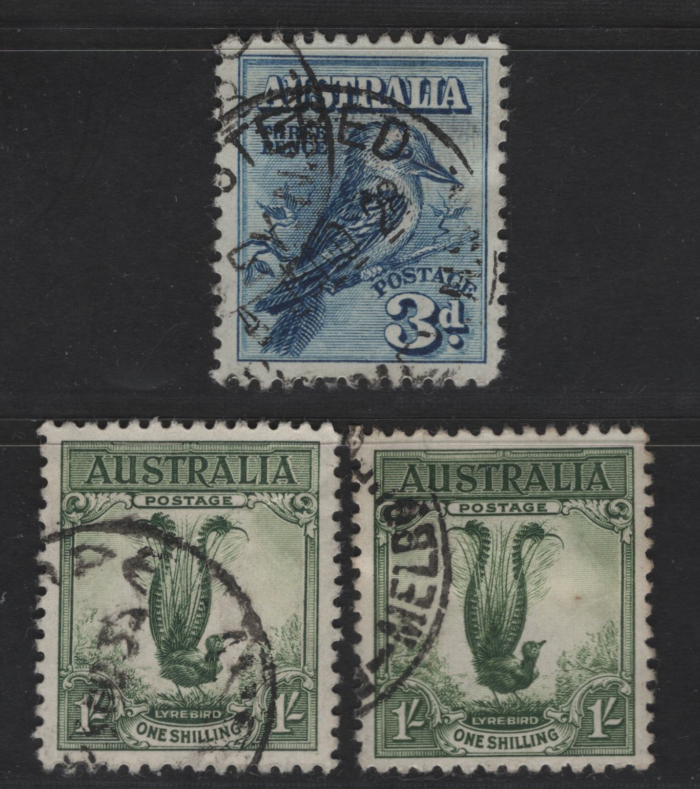 Australia SG#106, 140, 140a 3d - 1/- Blue - Green Bird - Lyrebird, 1927-1932 Melbourne Stamp Exhibition - Lyrebird Issues, 3 Very Fine Used Singles, Nice Centering, Hard to Find These