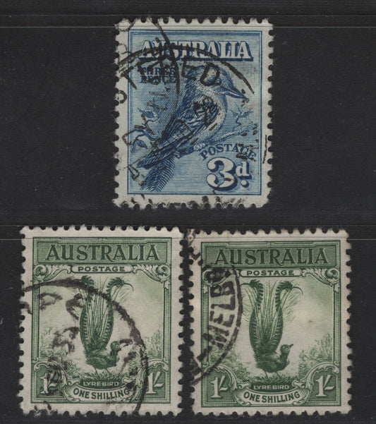 Australia SG#106, 140, 140a 3d - 1/- Blue - Green Bird - Lyrebird, 1927-1932 Melbourne Stamp Exhibition - Lyrebird Issues, 3 Very Fine Used Singles, Nice Centering, Hard to Find These