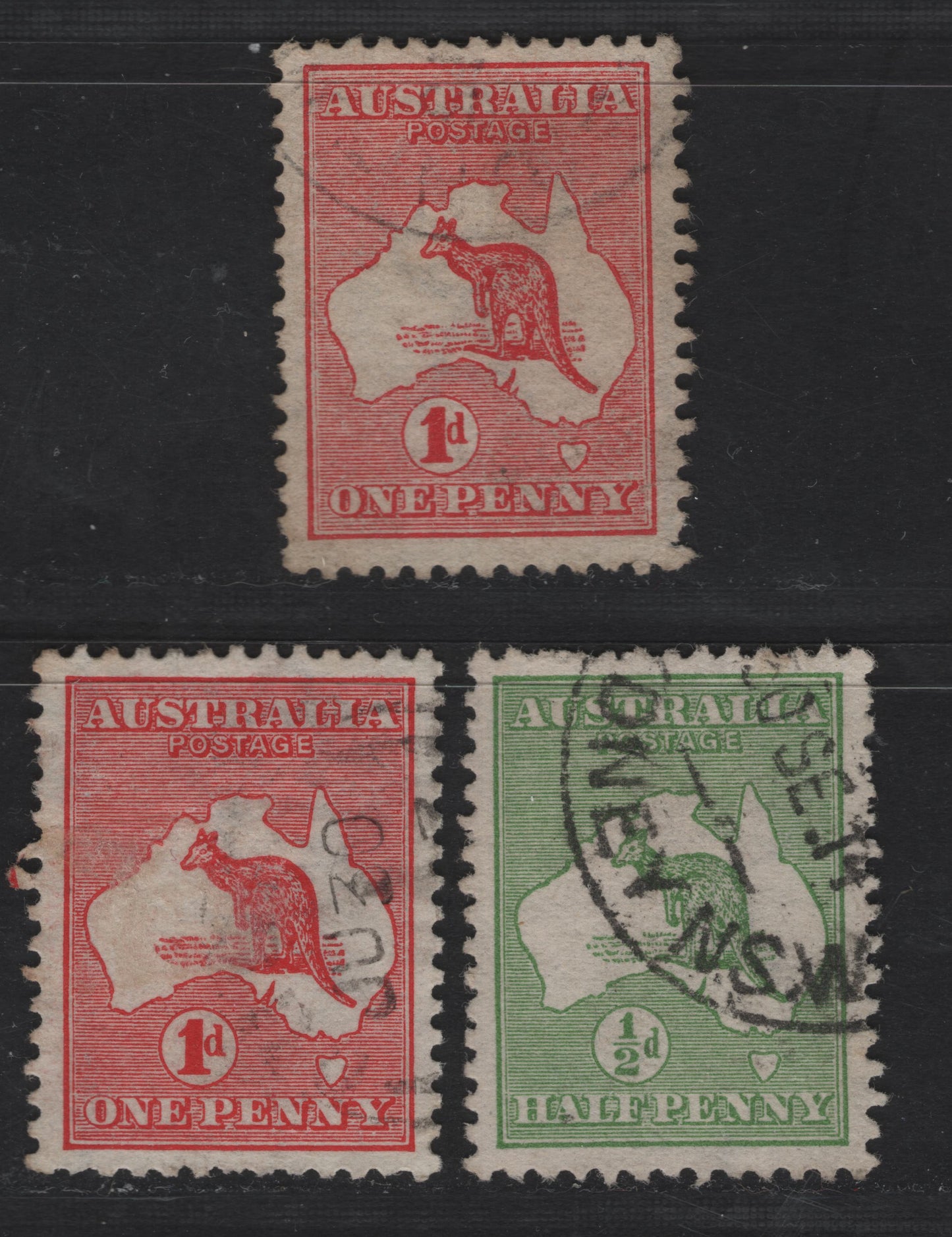 Australia SG#1-2, 2eb 1/2d - 1d Green - Carmine Kangaroo, 1913-1914 Kangaroos Issue, 3 Very Fine Used Singles, 1d Red Die 1 & 1d Carmine Die 2a, First Wmk