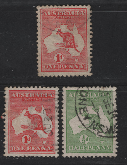 Australia SG#1-2, 2eb 1/2d - 1d Green - Carmine Kangaroo, 1913-1914 Kangaroos Issue, 3 Very Fine Used Singles, 1d Red Die 1 & 1d Carmine Die 2a, First Wmk
