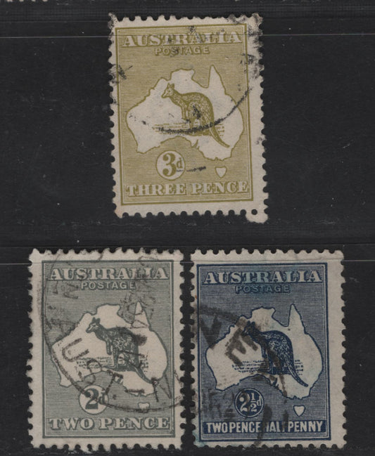 Australia SG#35-37 2d, 2.5d & 3d Gray, Deep Blue & Yellow Olive Kangaroo, 1915-1927 Kangaroos Issue, 3 Fine Used Singles, 2d & 3d Die 1, 2.5d Die 2, Third Wmk