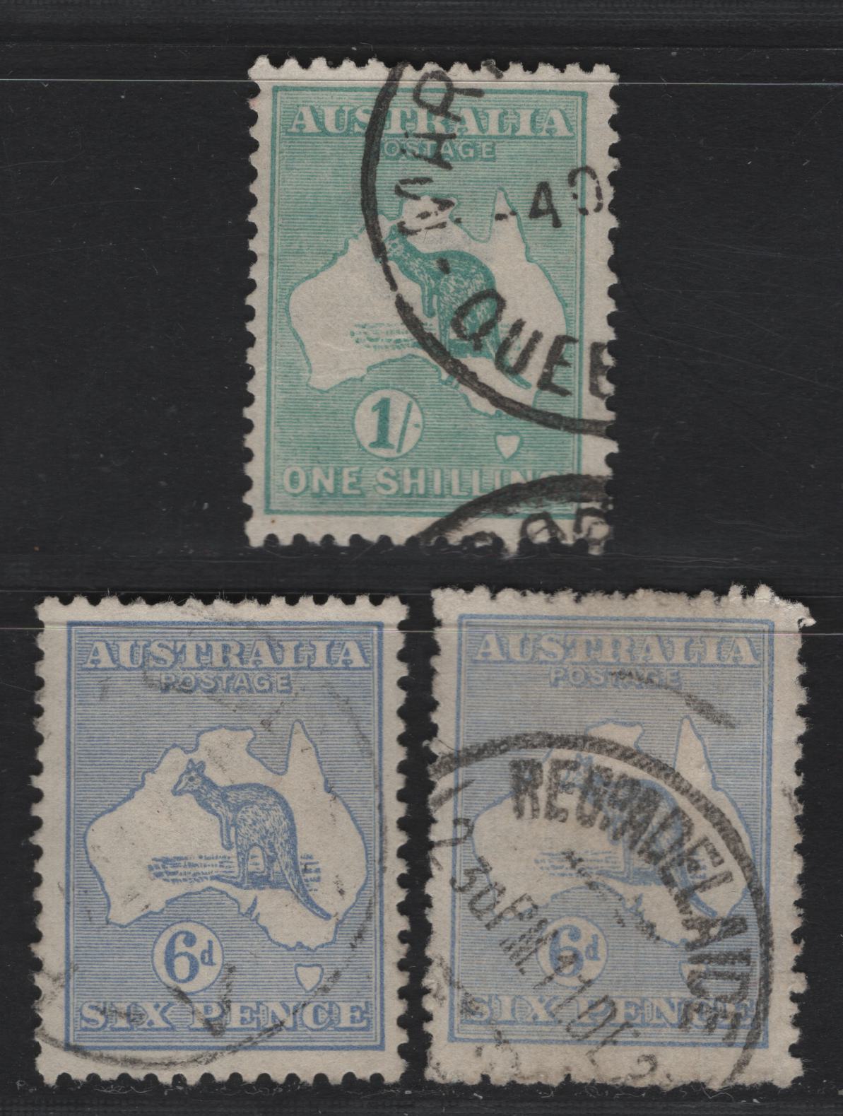 Australia SG#38, 40 6d - 1/- Ultramarine, Pale Ultramarine & Blue Green Kangaroo, 1915-1927 Kangaroos Issue, 3 Fine/Very Fine Used Singles, Dies 2 & 2b, Third Wmk