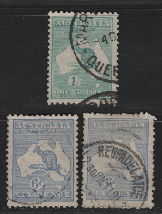 Australia SG#38, 40 6d - 1/- Ultramarine, Pale Ultramarine & Blue Green Kangaroo, 1915-1927 Kangaroos Issue, 3 Fine/Very Fine Used Singles, Dies 2 & 2b, Third Wmk
