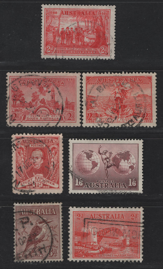 Australia SG#117, 144, 146, 153a, 159, 161, 193 1.5d - 2d Scarlet Sturt - Governor Philip, 1930-1937 Sturt - 150th Anniv of Founding of New South Wales Issues, 7 Very Fine Used Singles