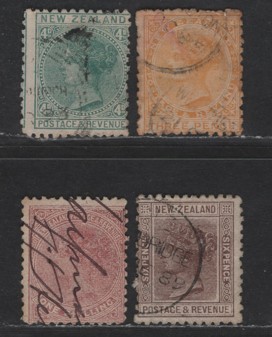 New Zealand SG#198-199, 201, 203 3d - 1/- Yellow - Red Brown Queen Victoria, 1882-1900 Postage & Revenue Sidefaces Issue, 4 Very Good Used Singles, Perf 12x11.5, Wmk 12b, Light Diagonal Crease On Some