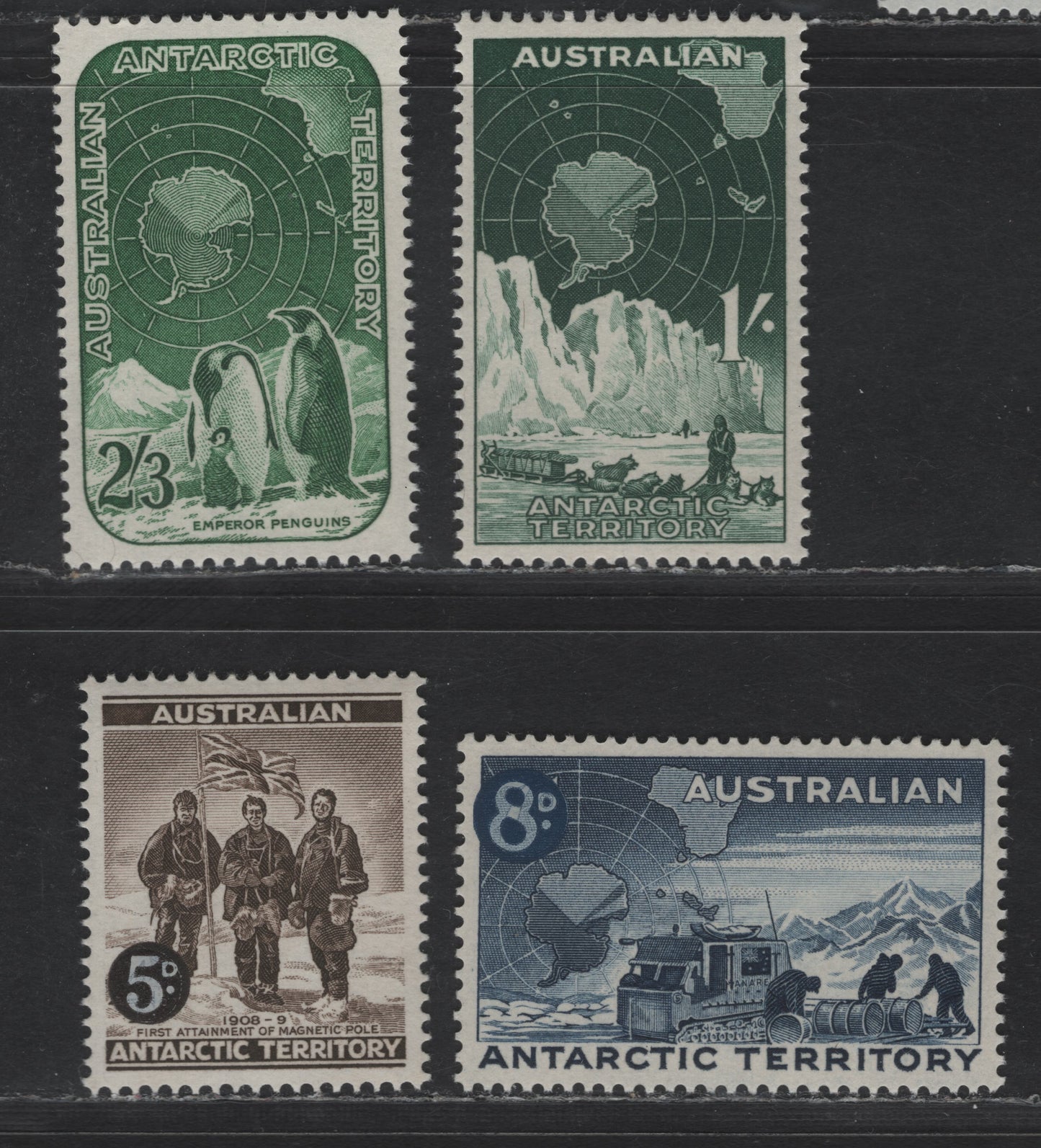 Lot 182 Australian Antarctic Territory SG#2-5 5d - 2/3 Black & Sepia - Green First Attainment of South Pole - Dogsled, 1959 Definitive Issue, 4 VFNH Singles