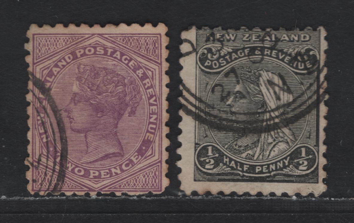 New Zealand SG#271-272 1/2d - 2d Black - Bright purple Queen Victoria, 1900 Provisional Postage & Revenue Sideface Issue, 2 Very Good Used Singles, Perf 11, Pirie Paper, Wmk Double Lined Star & NZ
