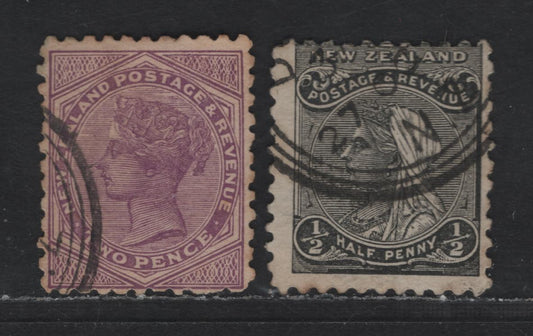 New Zealand SG#271-272 1/2d - 2d Black - Bright purple Queen Victoria, 1900 Provisional Postage & Revenue Sideface Issue, 2 Very Good Used Singles, Perf 11, Pirie Paper, Wmk Double Lined Star & NZ