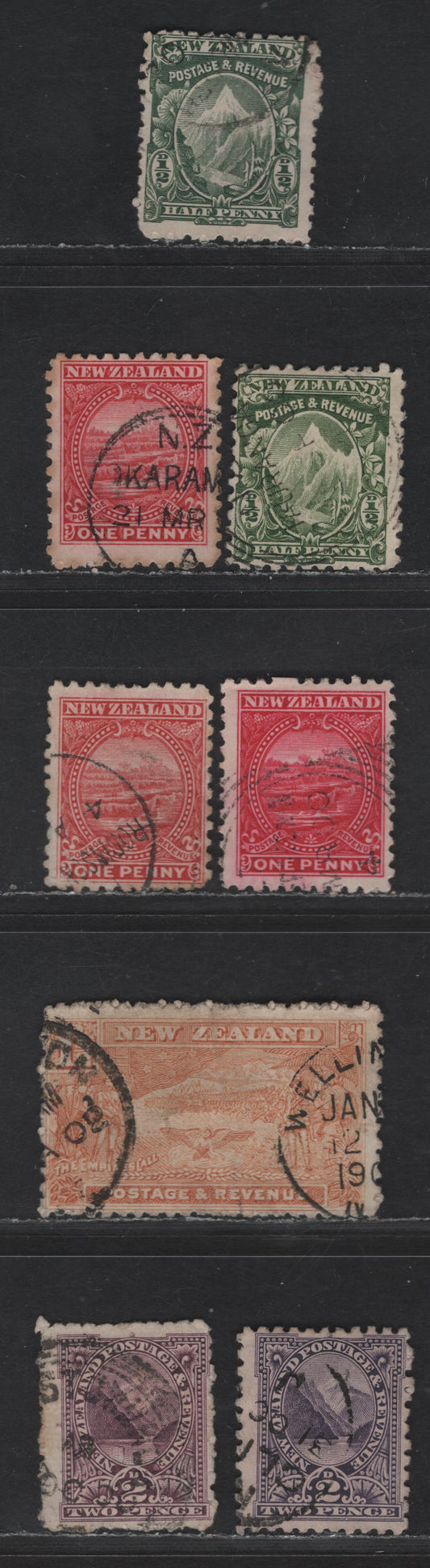 New Zealand SG#273a-b, 274a-b, 275c, 276, 276c 1/2d - 2d Yellow Green - Purple Mount Cook or Aorangi - Pembroke Peak, Milford Sound, 1900 Pictorial Issue, 8 Fine Used Singles, Double Lined Star & NZ, Perf 11, Pirie Paper