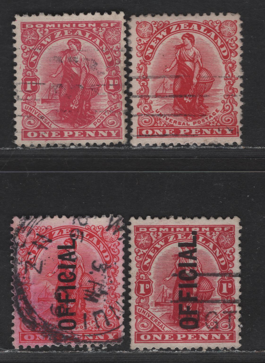 New Zealand SG#O78, 405, 386, O70 1d Carmine Dominion, 1908-1927 Universl Penny Postage Issue, 4 Fine/Very Fine Used Singles, Including Official Overprint, Earlier Universal Penny Postage Design On De la Rue Paper