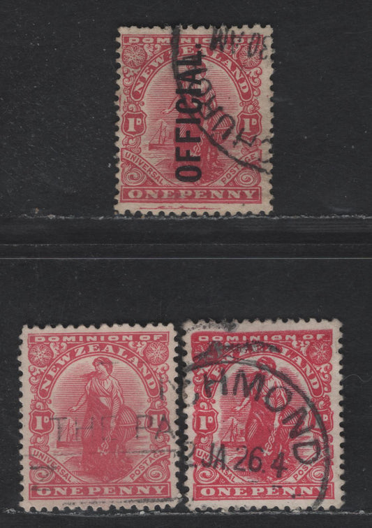 New Zealand SG#409, 406, O79 1d Rose Carmine Dominion, 1908-1927 Universl Penny Postage Issue, 3 Fine/Very Fine Used Singles, Bluish Star & NZ Wmk on Art Paper, Lithographed, Unwatermarked, Jones Paper With/Without Overprint