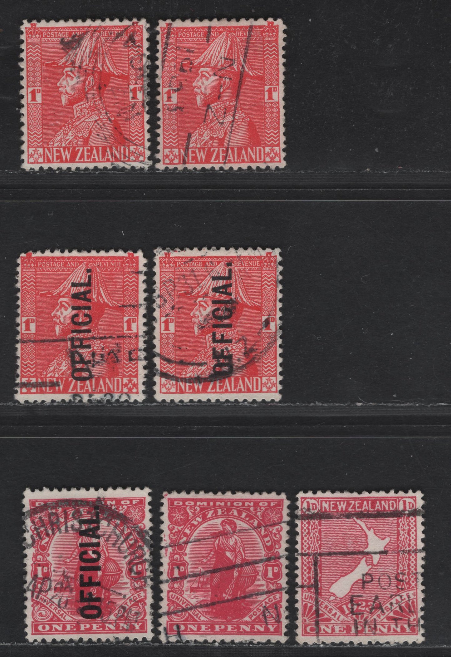 New Zealand SG#410, O81, 462, 468, O111, 468c, O111c 1d Carmine & Rose Carmine Dominion - Field Marshall, 1909-1934 Universl Penny Postage - KGV Field Marshall Issues, 7 Fine/Very Fine Used Singles, Cowan Paper Printings