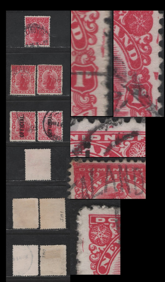 New Zealand SG#410, O81 1d Carmine Rose Dominion, 1909-1929 Dominion Issue, 5 Fine/Very Fine Used Singles, Cown Paper Printings, Unlisted Plate Flaws