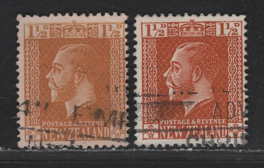 New Zealand SG#438var (CP# K17b(3)) 1.5d Pale Chestnut King George V, 1915-1933 Keyplates Issue, A Fine Used Single, Normal Orange Brown Shade For Comparison, De La Rue Paper