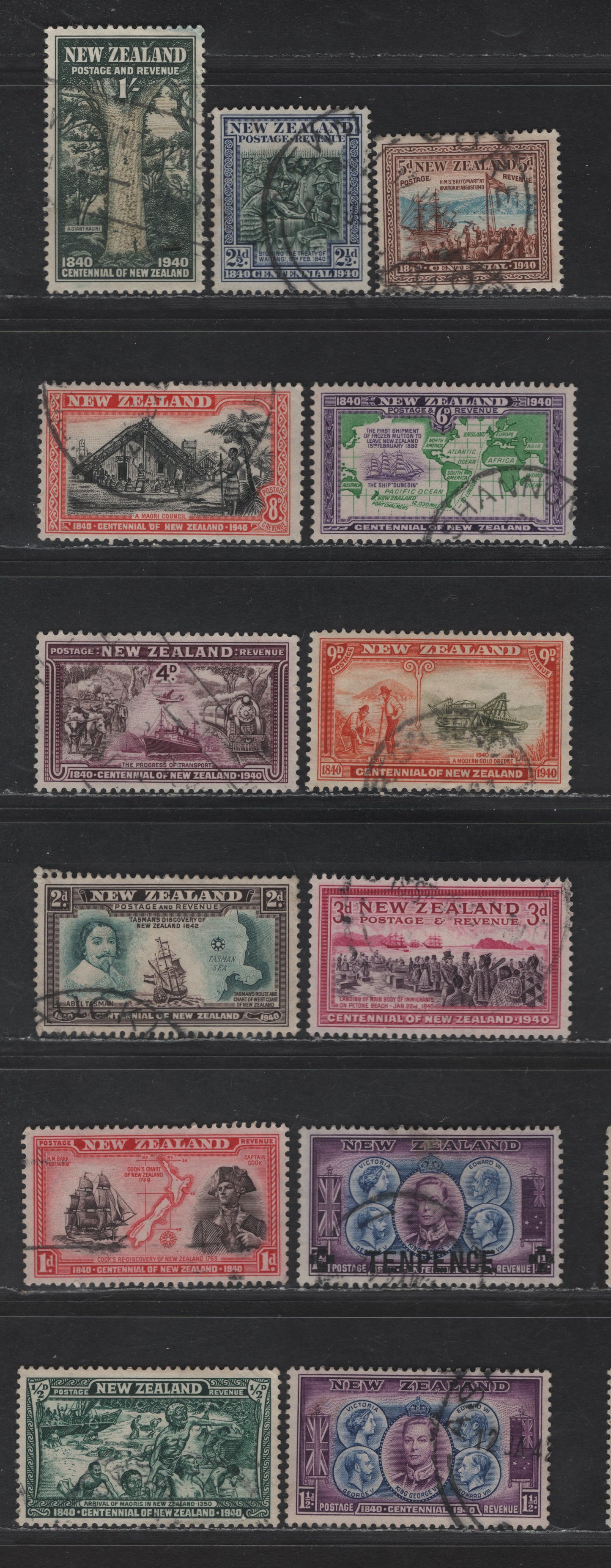 Lot 183 New Zealand SG#613-621, 623-625 1/2d - 1/- Blue Green - Sage Green & Deep Green Arrival of the Maoris - Giant Kauri Tree, 1940 Centenary Issue, 12 Very Fine Used Singles, Almost Complete Set, Missing 7d