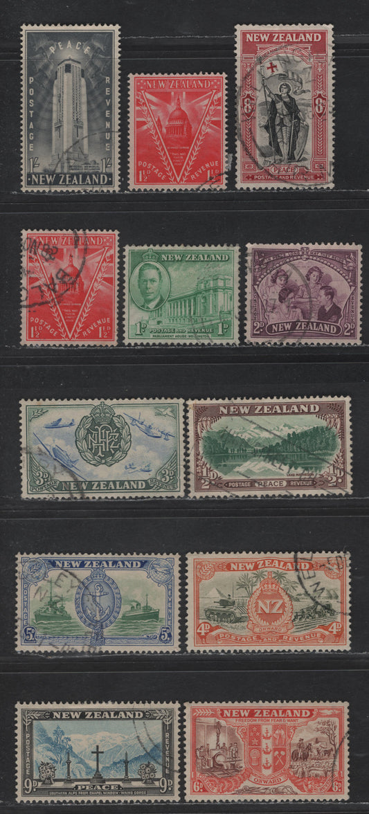 New Zealand SG#667-677 1/2d - 1/- Green & Brown - Gray Black Lake Matheson - National Memorial Campanile, 1946 Peace Issue, 12 Fine/Very Fine Used Singles, Includes Sideways Inverted Wmk on 1.5d