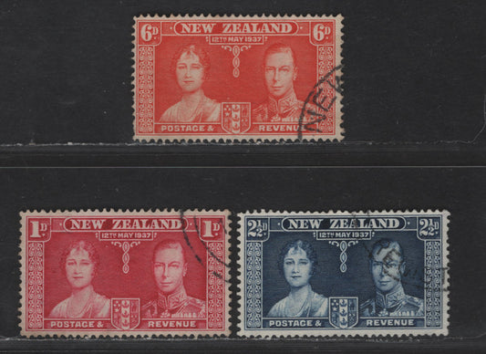 New Zealand SG#599-601 1d - 6d Carmine - Orange King George VI & Queen Elizabeth, 1937 Coronation Issue, 3 Fine/Very Fine Used Singles