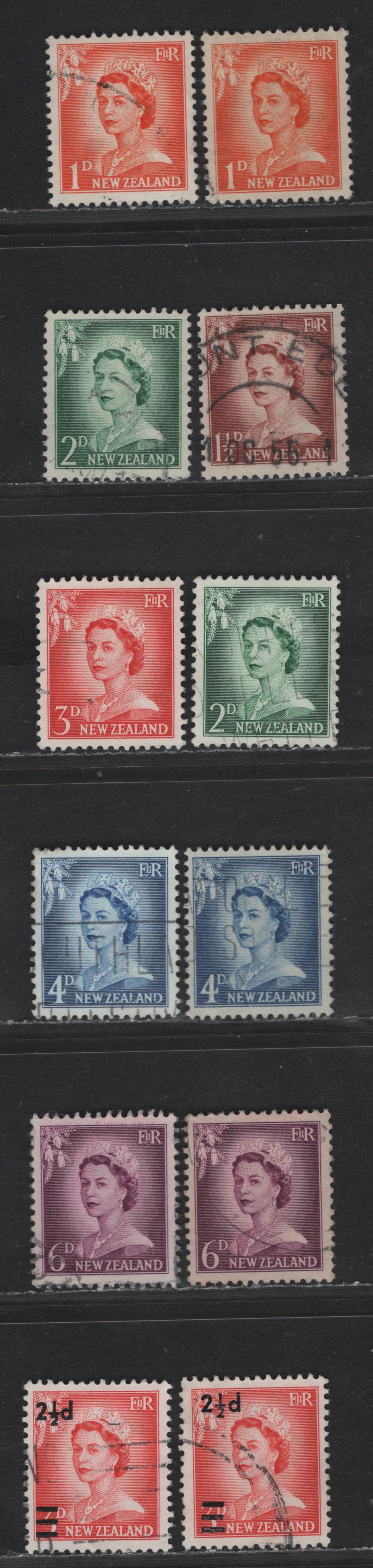 New Zealand #745/808a 1d Orange - 2 1/2d On 3d Vermilion, 1955-1961 Queen Elizabeth II Definitives, Revised Designs Issue, 12 VF Used Singles Both Normal & Opaque Surfaced Papers. Surcharge Includes Both Wide & Narrow Settings