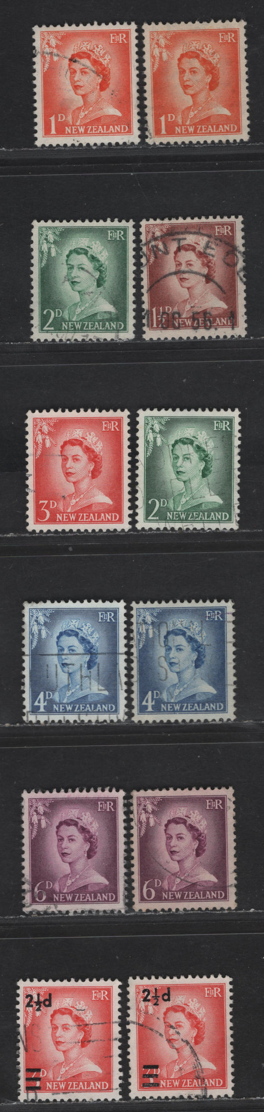 New Zealand #745/808a 1d Orange - 2 1/2d On 3d Vermilion, 1955-1961 Queen Elizabeth II Definitives, Revised Designs Issue, 12 VF Used Singles Both Normal & Opaque Surfaced Papers. Surcharge Includes Both Wide & Narrow Settings