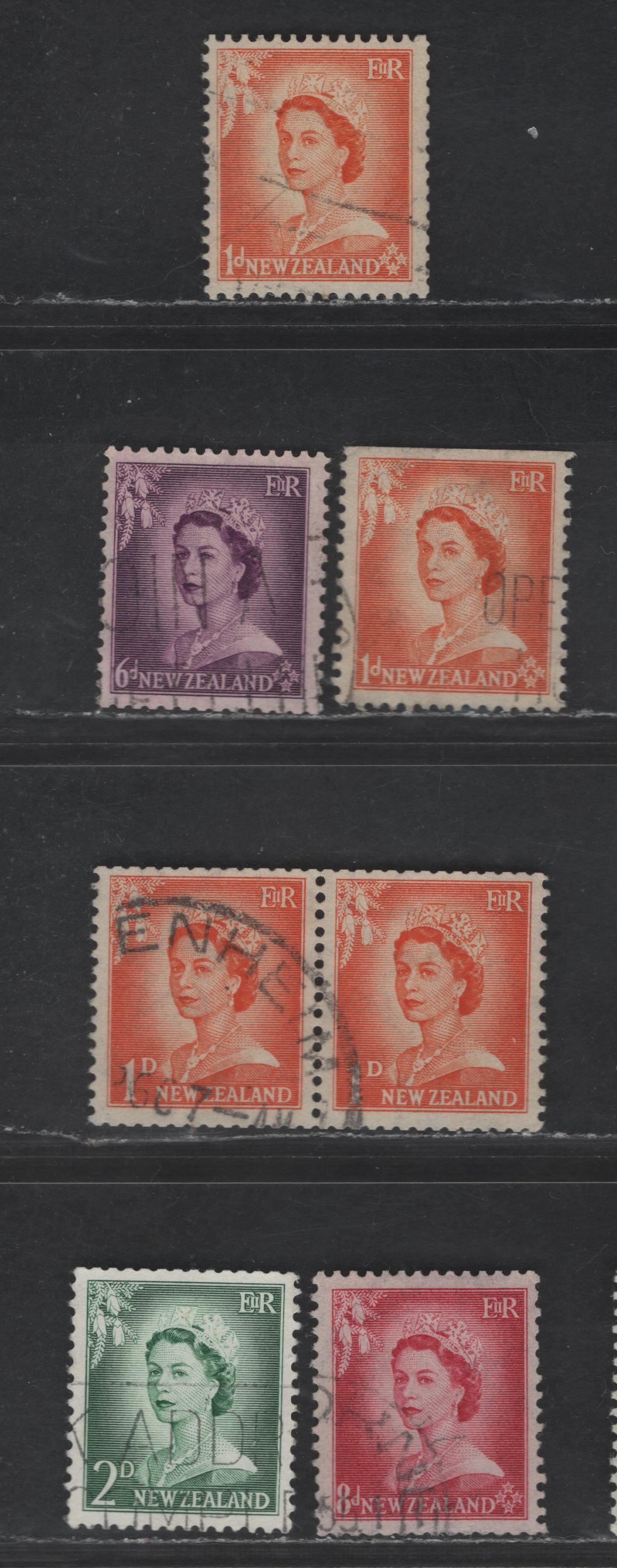 New Zealand #724w/745var 1d Orange, 6d Purple, 8d Carmine, 1d Orange & 2d Green, 1955-1961 Queen Elizabeth II Definitives, Revised Designs Issue, 7 Fine Used Singles On White Opaque Paper. Booklet Singles, Pairs & Coil Singles Of The 6d & 8d