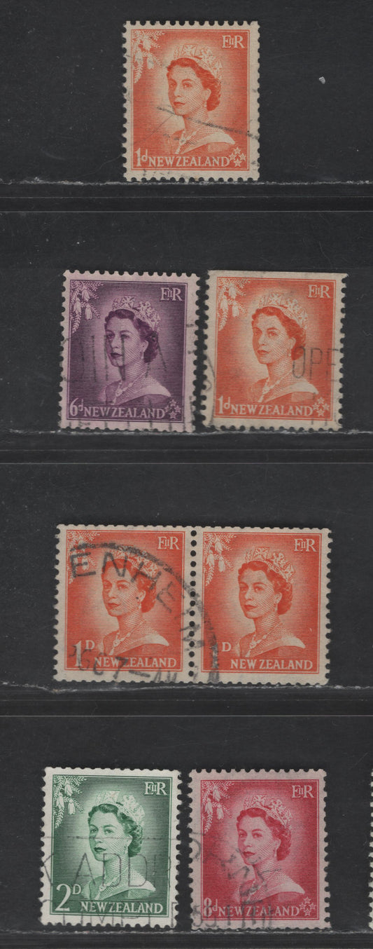 New Zealand #724w/745var 1d Orange, 6d Purple, 8d Carmine, 1d Orange & 2d Green, 1955-1961 Queen Elizabeth II Definitives, Revised Designs Issue, 7 Fine Used Singles On White Opaque Paper. Booklet Singles, Pairs & Coil Singles Of The 6d & 8d