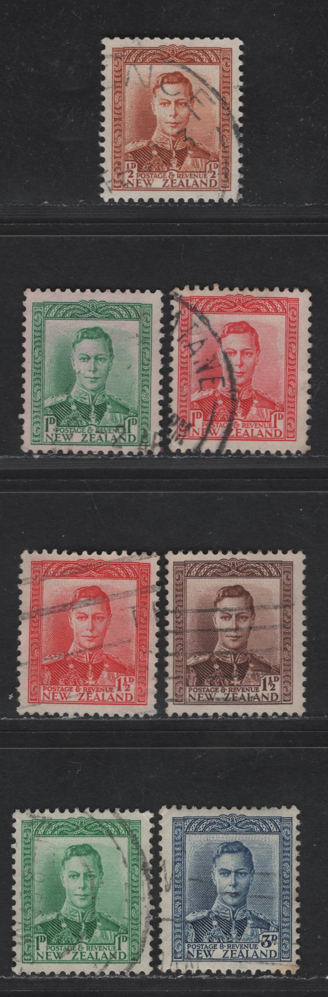 New Zealand SG#603-609 1/2d - 3d Green - Blue King George VI, 1938-1944 KGVI Pictorial Issue, 7 Fine/Very Fine Used Singles, Low Valued Simplified Set On The Most Common Paper Types
