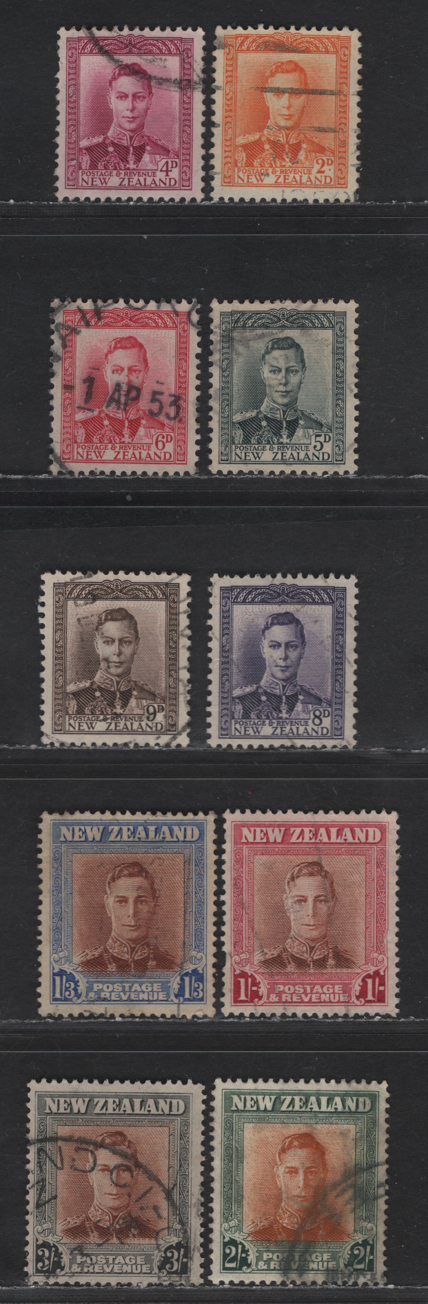 New Zealand SG#680-689 2d - 3/- Orange - Red Brown & Gray King George VI, 1947-1952 KGVI Heads Issue, 10 Fine/Very Fine Used Singles, Simplified Set, Perfs 14x13.5 & 14
