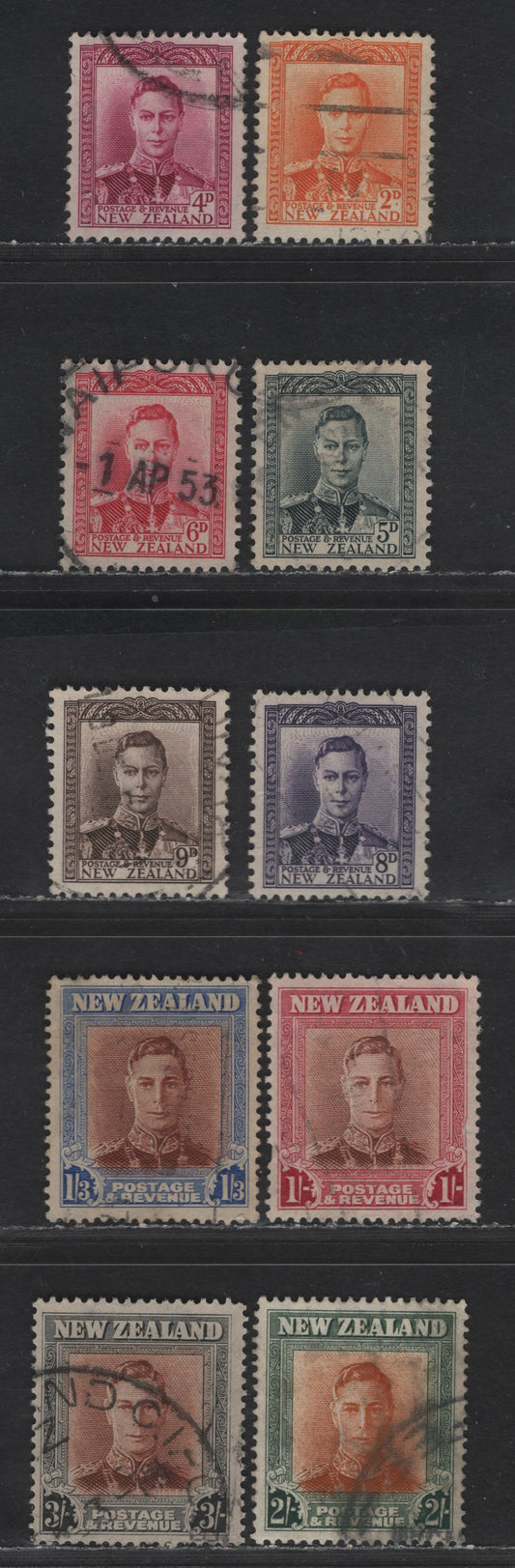 New Zealand SG#680-689 2d - 3/- Orange - Red Brown & Gray King George VI, 1947-1952 KGVI Heads Issue, 10 Fine/Very Fine Used Singles, Simplified Set, Perfs 14x13.5 & 14
