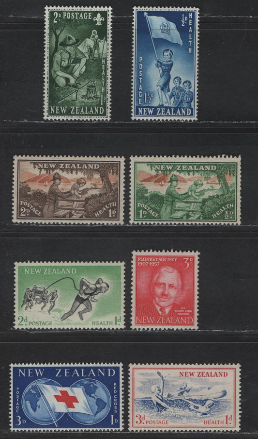 New Zealand SG#678a-679, 719-720, 760-762, 775 1d+1/2d - 3d Yellow Green & Orange Brown - Red & Ultramarine Soldier Helping Child - Red Cross Flag, 1946-1963 Health - Red Cross Centenary Issue, 8 VFNH Singles