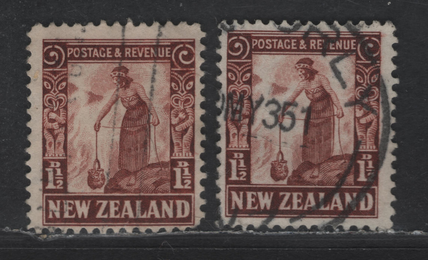 New Zealand SG#558-a 1.5d Red Brown Maori Woman, 1935-1947 Pictorial Issue, 2 Fine Used Singles, Single Star & NZ Wmk, Horizontal Wove Paper, Comb Perf 14x13.5 & Line Perf 14