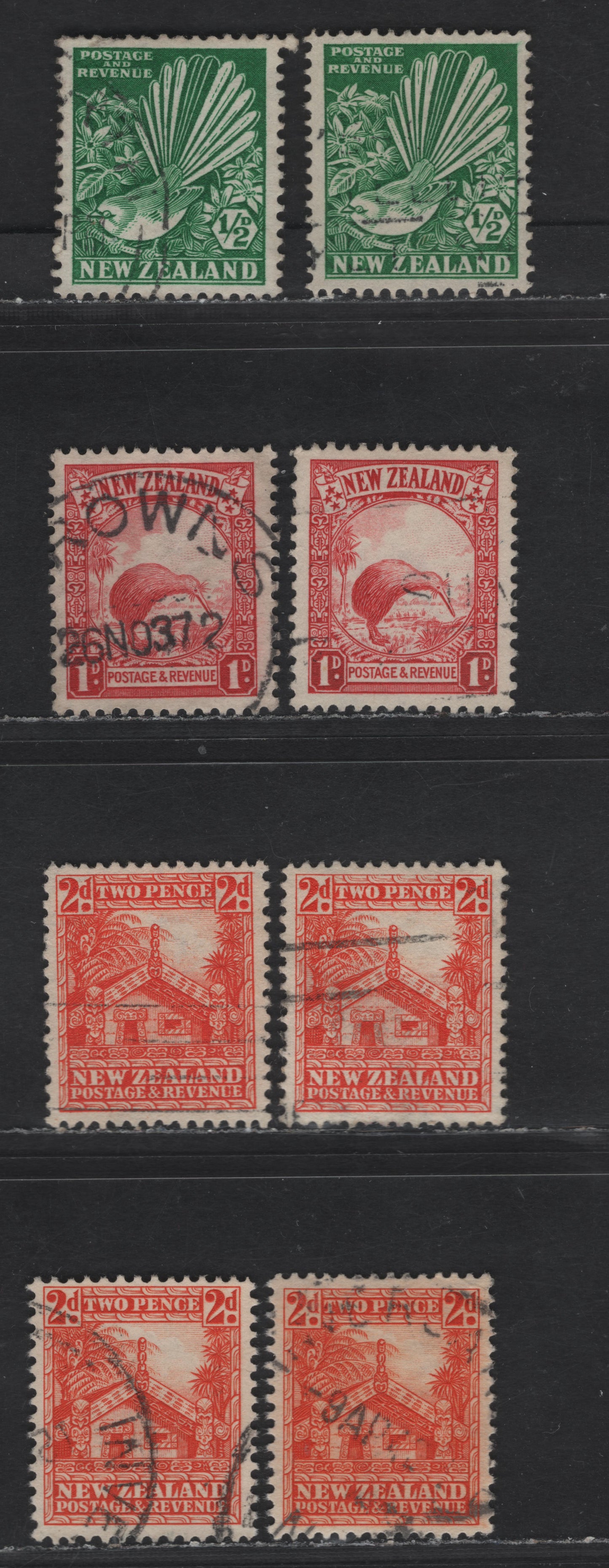 New Zealand SG#556-557, 577-578, 580 1/2d - 2d Emerald - Orange Collared Gray Fantail - Maori Carved House, 1935-1942 Pictorial Issues, 8 Very Fine Used Singles, Single Star & Multiple Star & NZ Wmks, Die 1 (1/2d & 1d) & Die 3 (1d)
