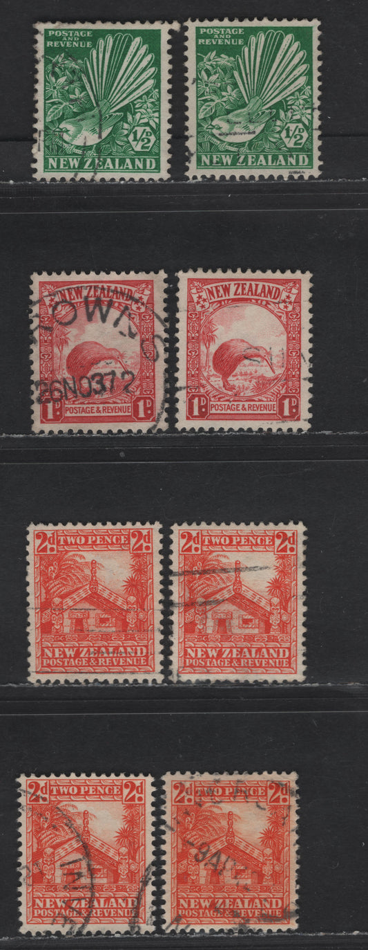 New Zealand SG#556-557, 577-578, 580 1/2d - 2d Emerald - Orange Collared Gray Fantail - Maori Carved House, 1935-1942 Pictorial Issues, 8 Very Fine Used Singles, Single Star & Multiple Star & NZ Wmks, Die 1 (1/2d & 1d) & Die 3 (1d)