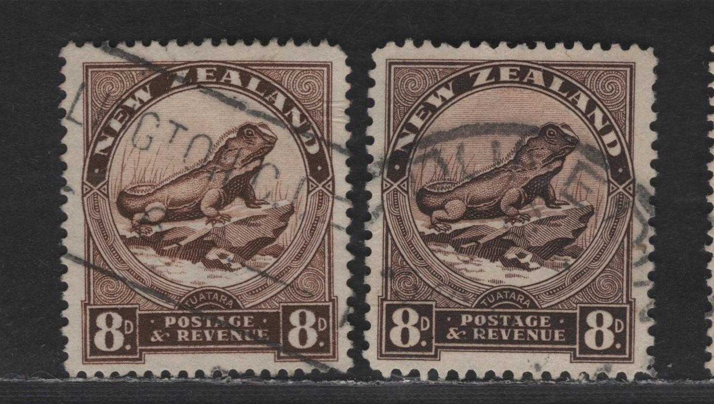 New Zealand SG#586b-c 8d Chocolate & Sepia Tuatara Lizard, 1936-1942 Pictorial Issue, 2 Very Fine Used Singles, Perfs 14x13.5 & 12.5