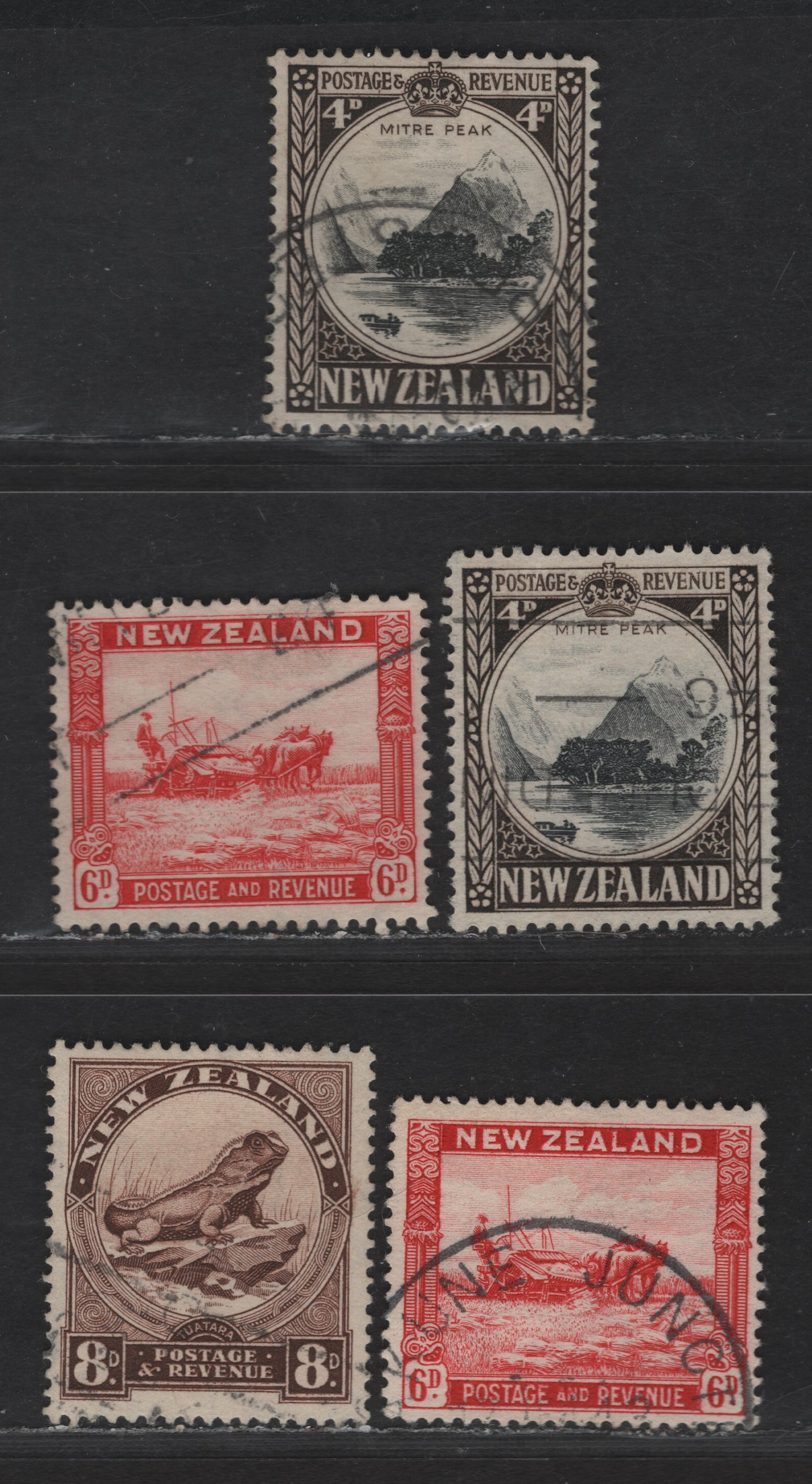 New Zealand SG#583, 583d, 585,c, 586d 4d - 8d Black & Sepia - Chocolate Mitre Peak - Tuatara Lizard, 1936-1942 Pictorial Issue, 5 Fine/Very Fine Used Singles, Different Perfs & Papers