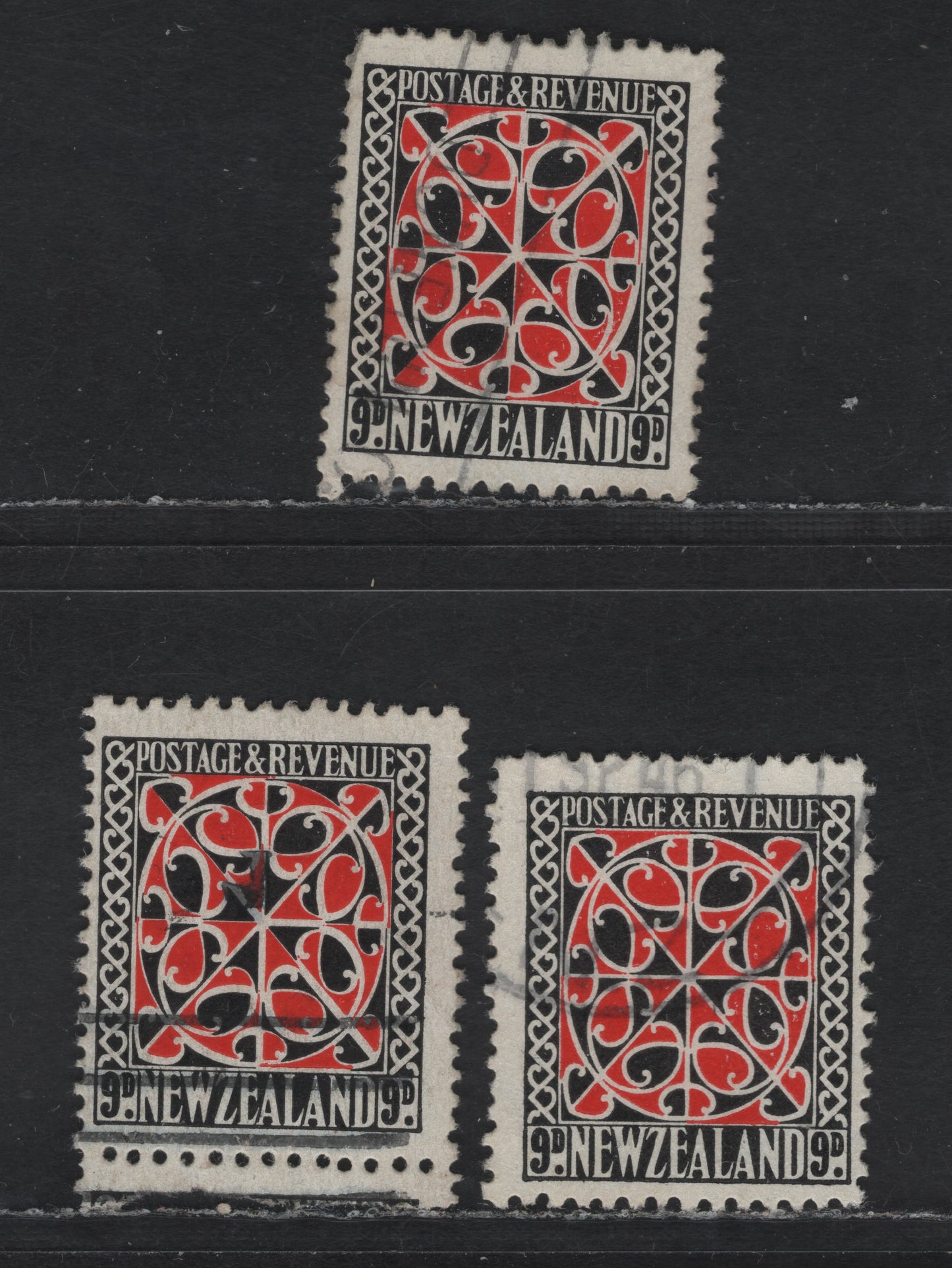 New Zealand SG#630-631 9d Scarlet & Black Maori Panel, 1941 Pictorial Issue, 3 Fine Used Singles, Typographed, Smaller Design Size (17.5x20.5mm), Single & Multiple Wmks, Line & Comb Perf 14x15 On Multiple Wmk