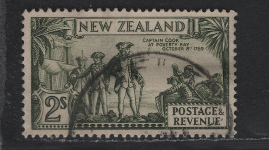 New Zealand SG#568 2/- Olive Green Capt. Cook, 1935-1936 Pictorial Issue, A Very Fine Used Singles, Perf 13-14x13.5, Single Wmk
