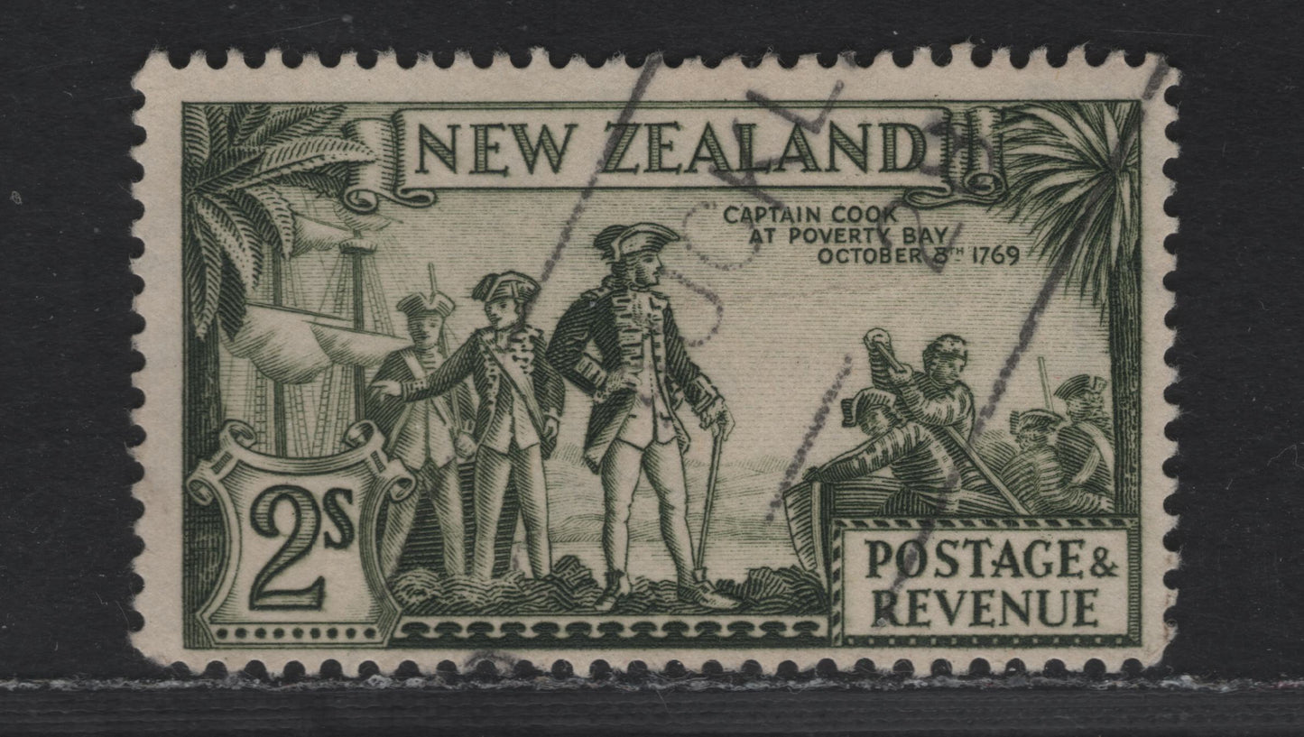 New Zealand SG#568c 2/- Olive Green Capt. Cook, 1935-1936 Pictorial Issue, A Fine Used Single, Perf 13.5x14, Single Wmk