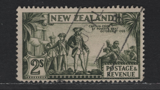 New Zealand SG#568c 2/- Olive Green Capt. Cook, 1935-1936 Pictorial Issue, A Fine Used Single, Perf 13.5x14, Single Wmk
