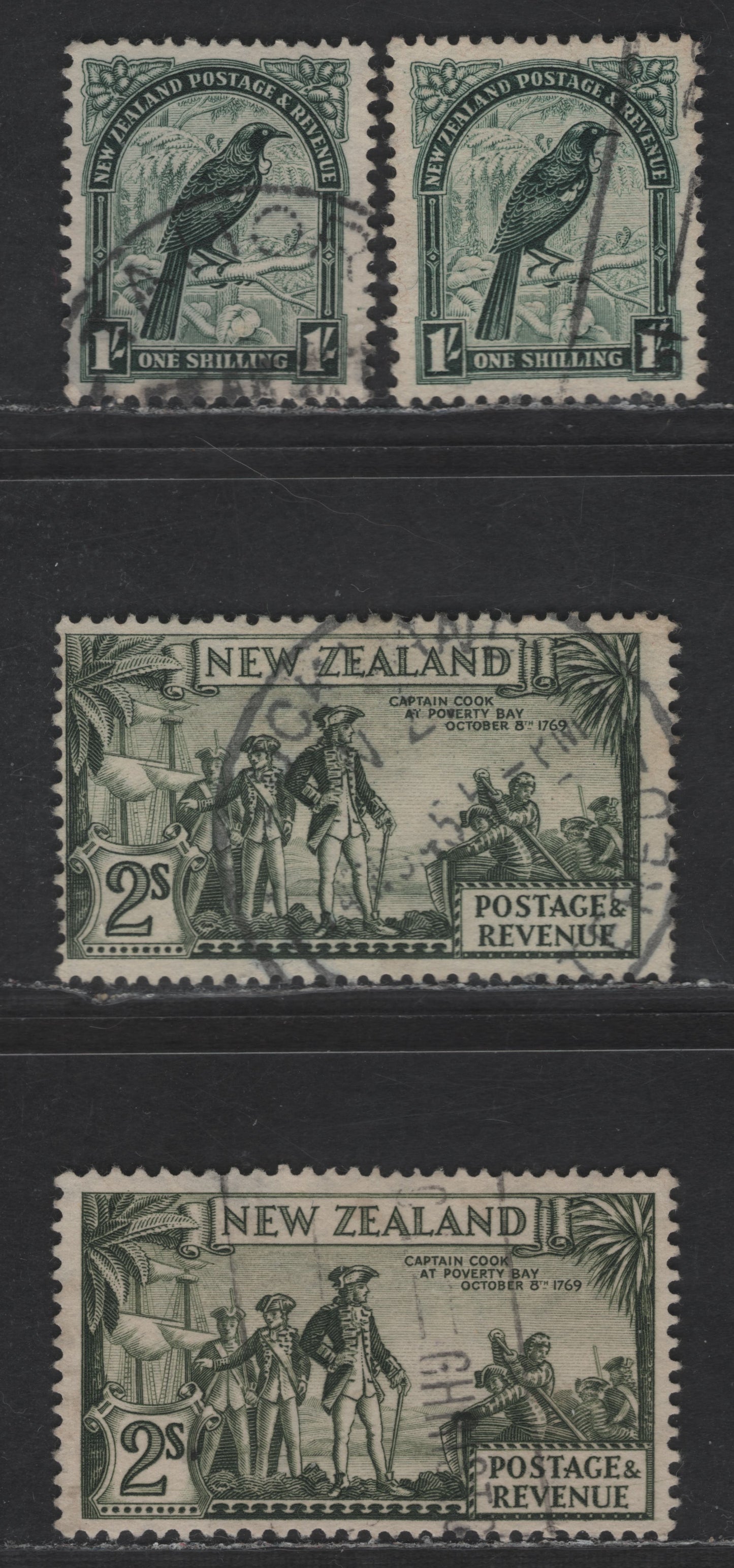 New Zealand SG#588-589, 589e 1/- - 2/- Deep Green - Grayish Olive Parson Bird - Capt. Cook, 1936-1942 Pictorial Issue, 4 Fine Used Singles, Perfs 14x13.5, 13-14x13.5 & 13.75x13.5, Fine & Coarse Horizontal and Coarse Vertical Mesh Papers