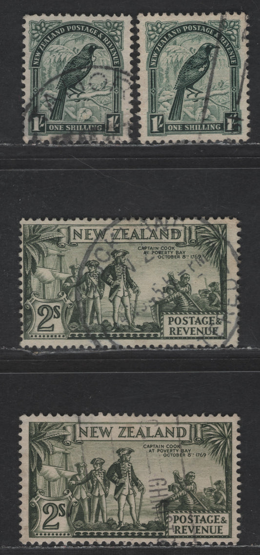 New Zealand SG#588-589, 589e 1/- - 2/- Deep Green - Grayish Olive Parson Bird - Capt. Cook, 1936-1942 Pictorial Issue, 4 Fine Used Singles, Perfs 14x13.5, 13-14x13.5 & 13.75x13.5, Fine & Coarse Horizontal and Coarse Vertical Mesh Papers