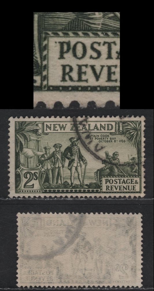 New Zealand SG#589var 2/- Olive Green Capt. Cook, 1936-1942 Pictorial Issue, A Fine Used Single, Dot to Left of P of Postage (Unlisted Flaw), Might Be constant, Not Listed in CP, Perf 13-14x13.5 on Fine Horizontal Mesh Paper, Multiple Wmk