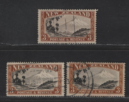 New Zealand SG#590, 590c 3/- Chocolate & Yellow Brown Mt. Egmot, 1936-1942 Pictorial Issue, 3 Fine Used Singles, Perf 13-14x13.5 On Fine Horizontal Mesh Paper, Perfs 13.75x13.5 & 14.25x13.5 On Coarse Horizontal Mesh Paper
