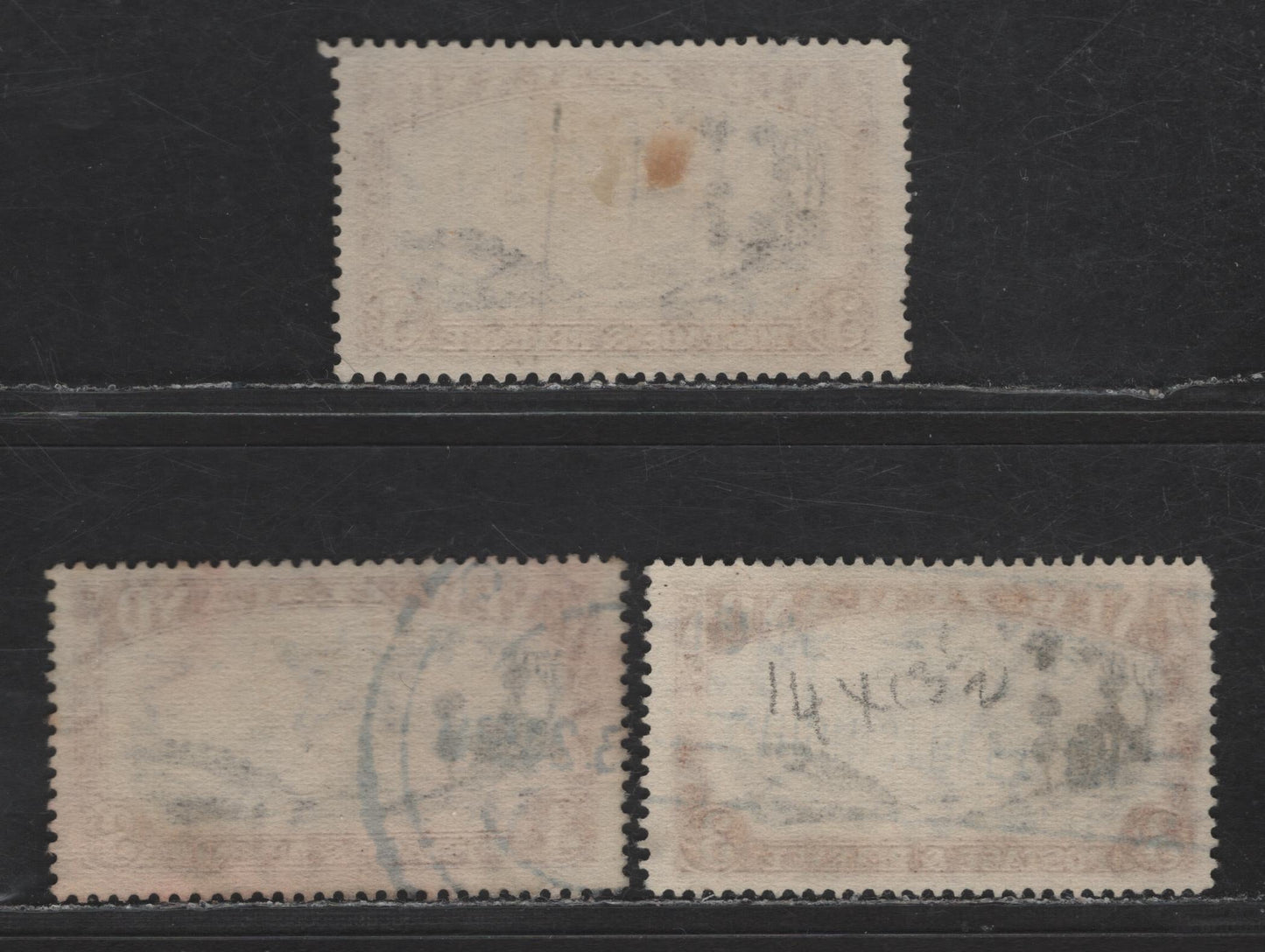 New Zealand SG#590, 590c 3/- Chocolate & Yellow Brown Mt. Egmot, 1936-1942 Pictorial Issue, 3 Fine Used Singles, Perf 13-14x13.5 On Fine Horizontal Mesh Paper, Perfs 13.75x13.5 & 14.25x13.5 On Coarse Horizontal Mesh Paper