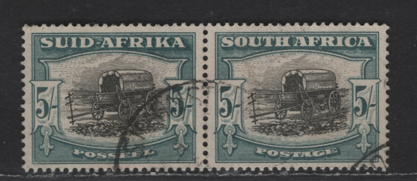 South Africa SG#122 5/- Black & Pale Blue Green Wagon, 1947-1954 Screened Rotogravure Issue, A Very Fine Used Pair, Type 1, 1949 Printing,