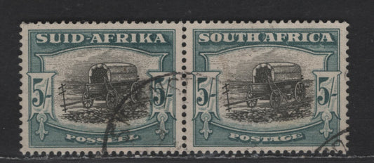 South Africa SG#122 5/- Black & Pale Blue Green Wagon, 1947-1954 Screened Rotogravure Issue, A Very Fine Used Pair, Type 1, 1949 Printing,