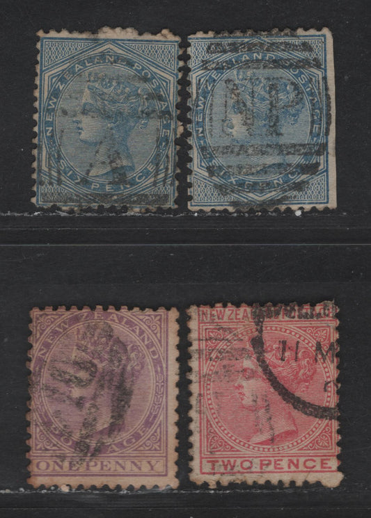 New Zealand SG#156, 180-181 6d - 2d Blue - Rose Queen Victoria, 1874-1878 First Sidefaces Issue, 4 Very Good Used Singles, Comb Perf 12x11.5, 12.5 & 12x11.5