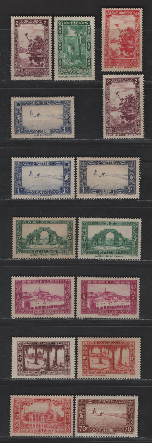 Lot 10 Algeria SC#79-82, 84-85, 88, 93, 98, 99A 1c - 1.5fr Ultramarine - Carmine Travel Across the Sahara - Oued River at Colomb-Bechar, 1936-1947 Engraved Pictorial Issue, 15 VFOG Singles, Extra Shades Of 1c, 3c & 5c